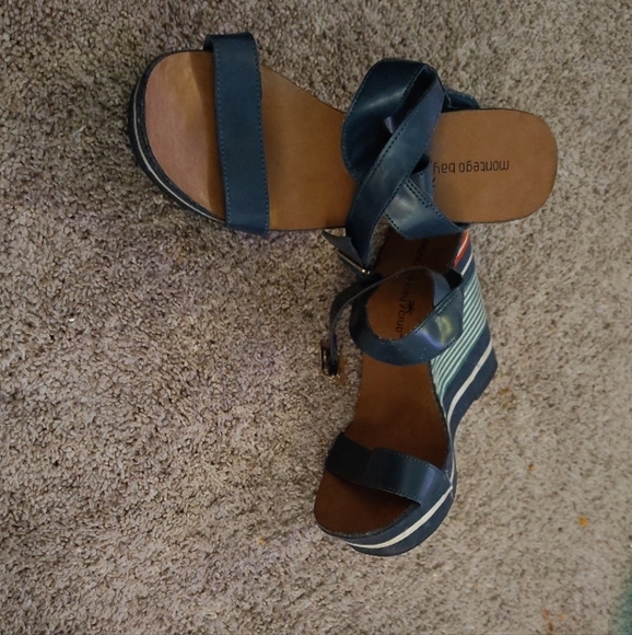 monaco Shoes - Monaco Navy and Brown Wedge Sandals